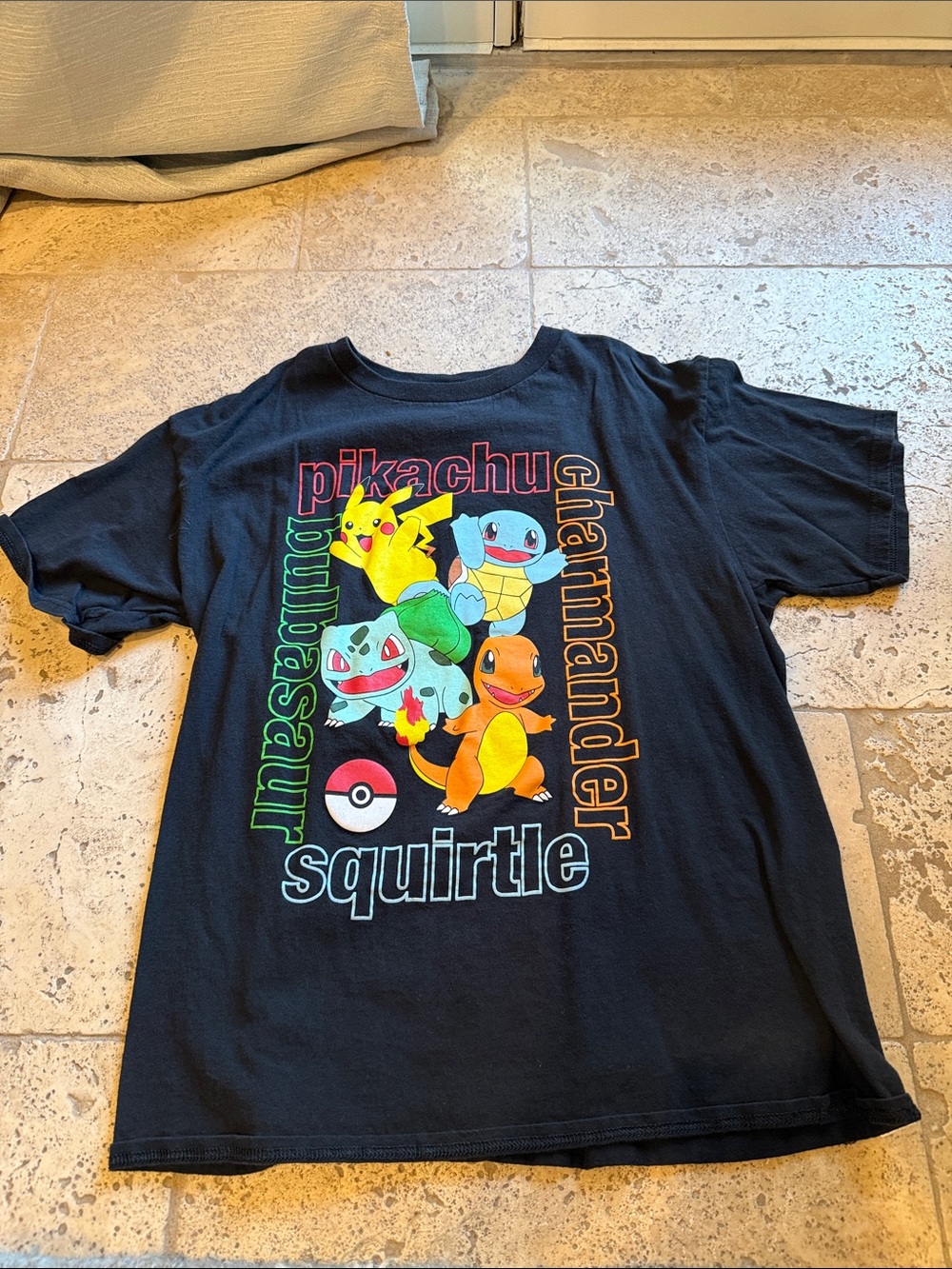 Pokemon Black Tee with Multicolor Pikachu Bulbasaur Charmander Squirtle